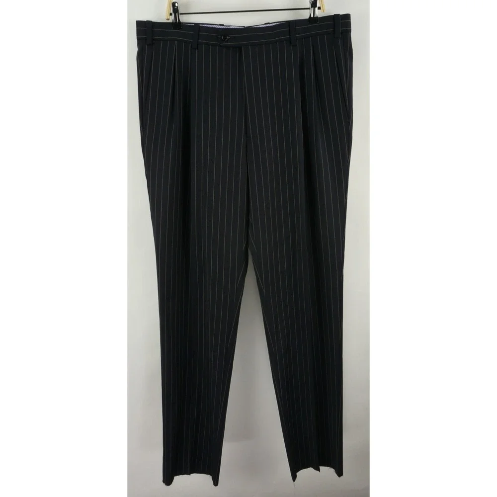 New Aristo 18 Aberdeen Men's 38 Unhemmed Navy Blue Tan Stripe Wool Dress Pants